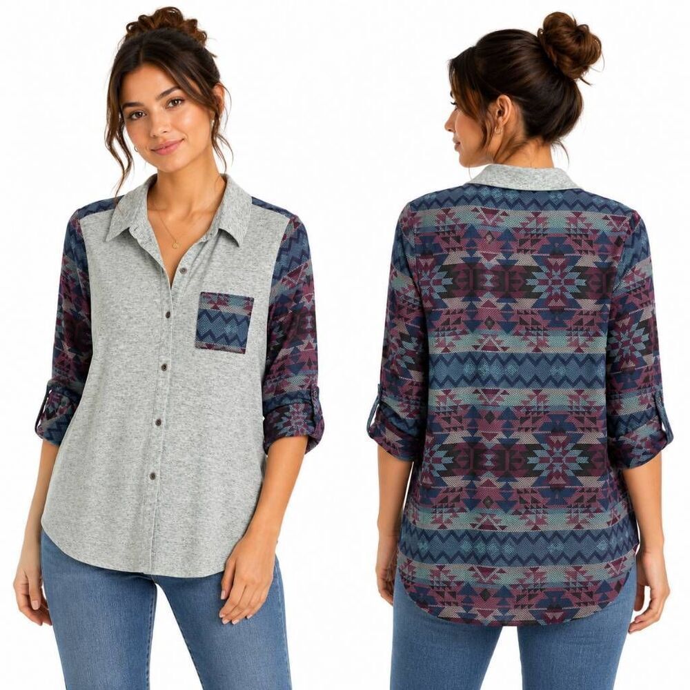 Daytrip Small Aztec Print Button Front Roll Tab Blouse